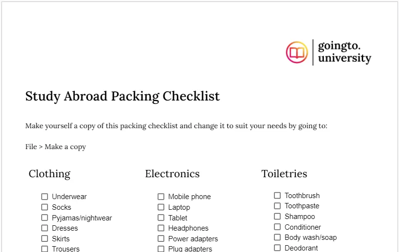 Goingto.university study abroad packing checklist