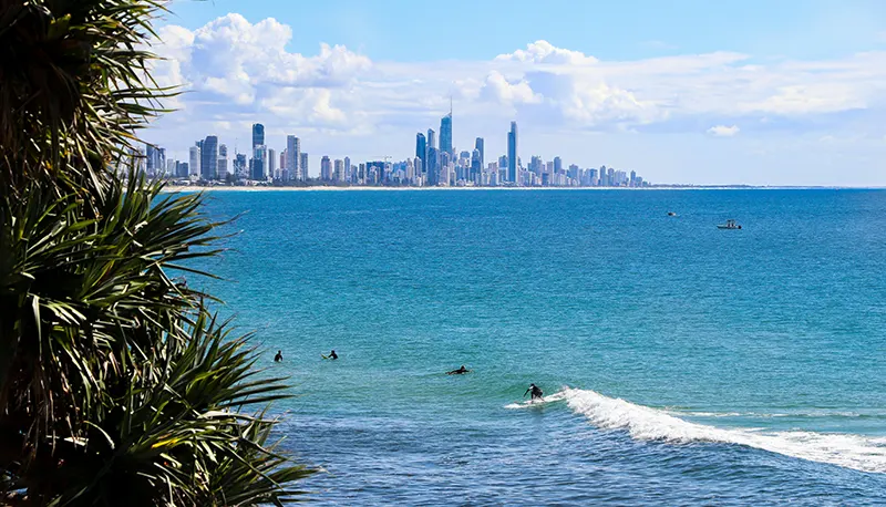 Surfers on blue sea with cityscape backdrop